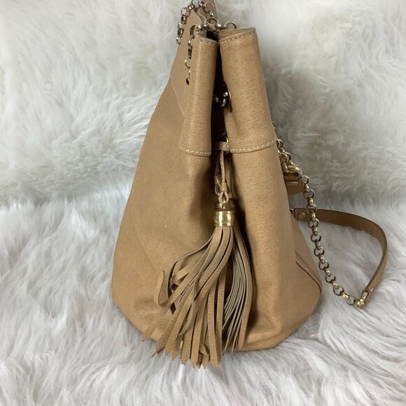 Eric Javits Beige Tan Leather Gold Tone Chain Tassel Bag - Picture 5 of 9